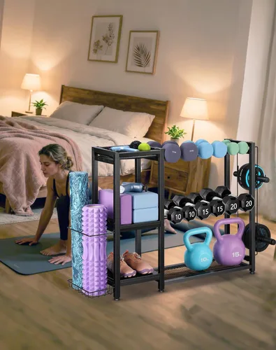 Miniatura 7 de FHXZH Soporte para mancuernas de 3 niveles, soporte de pesas ajustable para gimnasio en casa, soporte de peso resistente para mancuernas, pesas Negro