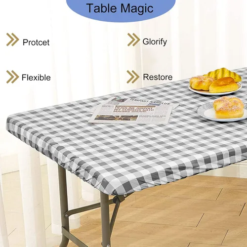Miniatura 6 de Zhenrui Mantel rectangular elástico ajustable de 6 pies, impermeable, a prueba de derrames, de vinilo, estampado a cuadros grises con franela