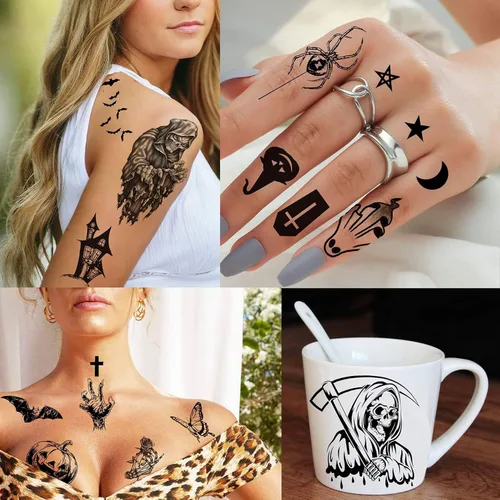 Miniatura 5 de 52 hojas de tatuajes temporales de Halloween para niños, niñas, mujeres, hombres, adultos, 3D de cara aterradora, calavera, tatuajes falsos