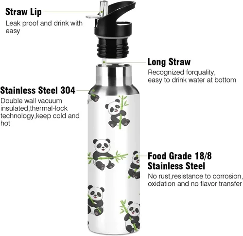 Miniatura 3 de BPA-Free Sport Water Bottle Insulated 20 Oz, Insulated Stainless Steel Water Bottle with Straw for Gym Outdoor Travel School, Cute Cartoon Pandas