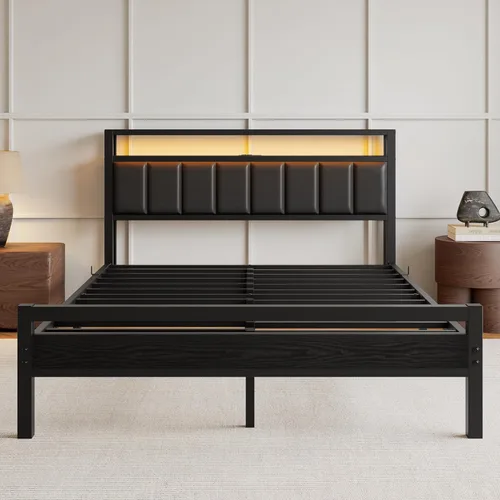 Miniatura 8 de HOJINLINERO Base de cama Queen con luces LED de cabecero, marco de cama tapizado negro tamaño Queen con estación de almacenamiento y carga,