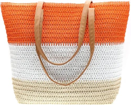 Miniatura 54 de Bolso grande de paja para mujer, tejido de ratán, bolso de playa de verano, a rayas