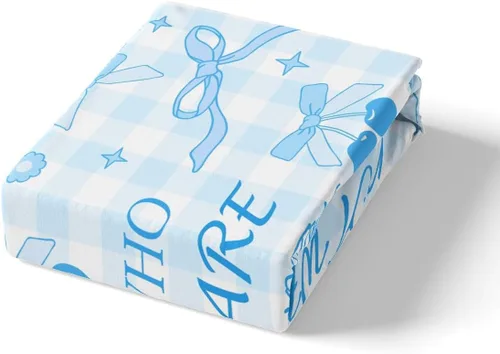 Miniatura 4 de Sábana bajera con lazo azul tamaño individual, juego de ropa de cama de princesa con cerezas, estrellas y flores margaritas de dibujos animados