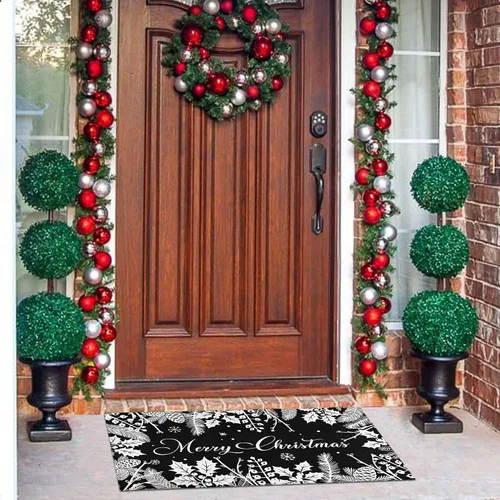 Miniatura 9 de Tapete negro de Navidad para entrada al aire libre, antideslizante, ramas de pino acebo, piñas, decoración de Feliz Navidad, tapete lavable