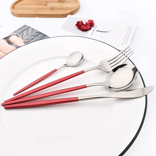 Miniatura 2 de Juego de cubiertos de espejo, 24 piezas de cubiertos de acero inoxidable 18/0 con mango rojo, vajilla simple y moderna para el hogar, fiesta, rojo