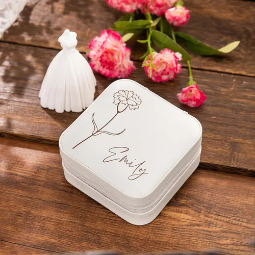 Miniatura 3 de iDWYN Joyero de cuero personalizado con nombre y flor de nacimiento, estuche organizador de viaje personalizado, regalos de cumpleaños para mamá