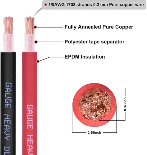 Miniatura 2 de Cable de batería calibre 1/0, 5 pies rojo + 5 pies negro, 1/0 AWG alambre de cobre puro para soldadura, para automotriz, batería, solar y generador