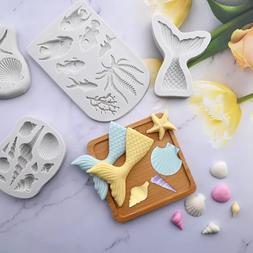 Miniatura 4 de Sakolla 4 piezas de moldes de silicona para fondant con tema marino, moldes de silicona en forma de cola de sirena, concha marina y estrella de mar