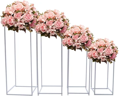 Miniatura 16 de 10 soportes de metal para centros de mesa de boda, jarrones de columna, soporte de flores de boda, soporte rectangular geométrico dorado