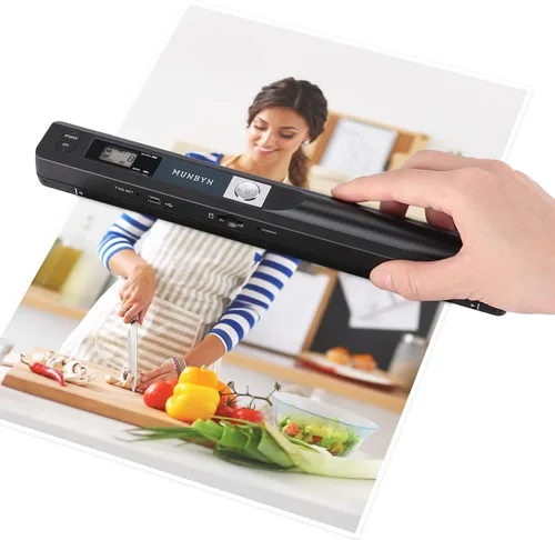 Escáner portátil MUNBYN, escáner de fotos para documentos A4, imágenes, páginas y textos en 900 DPI, escaneo plano, incluye tarjeta SD de 16G, Negro
