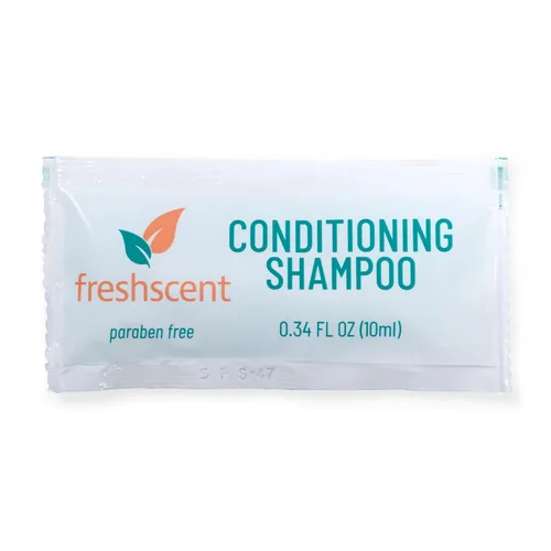 Freshscent Champú acondicionador, 100 unidades, 0.34 onzas cada uno, de un solo uso, sin parabenos, tamaño de viaje fácil de abrir para kits de