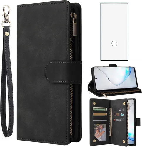 Asuwish Compatible con Samsung Galaxy Note 10 Plus Glaxay Note10+ 5G - Funda tipo cartera de vidrio templado con protector de pantalla y tarjetero