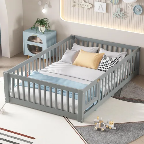 Miniatura 13 de Harper & Bright Designs Cama Montessori de madera tamaño individual, cama de piso con rieles altos, listones y puerta, marco de cama de madera