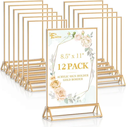 Miniatura 12 de EHWINE Paquete de 12 soportes acrílicos para letreros de 5 x 7 pulgadas, soporte de marco de oro de doble cara, soportes de letreros de mesa