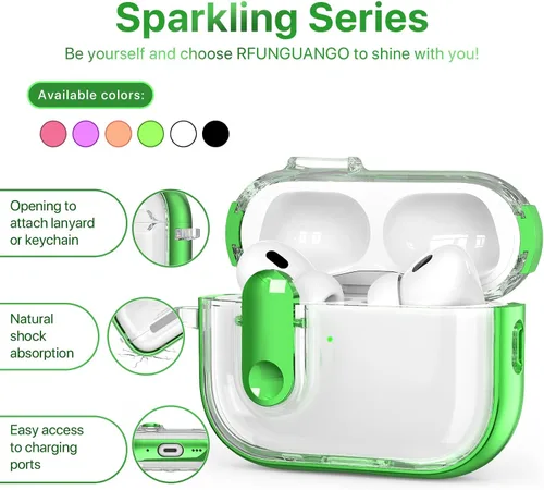 Miniatura 3 de RFUNGUANGO (con cerradura de seguridad) Funda protectora transparente para AirPods Pro de 2.ª/1.ª generación, Funda protectora de TPU suave Verde
