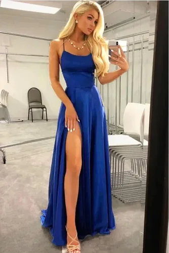 Miniatura 3 de Vestidos de baile de satén para mujer, vestido largo de baile con abertura, espalda descubierta, tirantes delgados, cuello halter, vestido formal