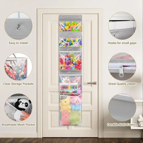 Miniatura 7 de Woodoulogy Almacenamiento de juguetes colgantes sobre la puerta, organizador de animales de peluche en bloques con 4 bolsas de estuche extraíbles