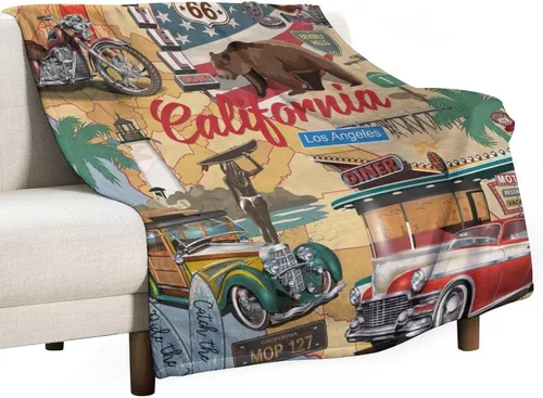 Miniatura 27 de Manta de motocicleta antigua, rústica y clásica, con temática de auto clásico, ruta de EE. UU., 66, patrón impreso, manta de franela súper suave