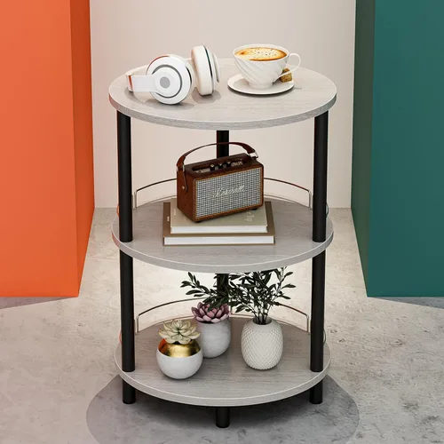 Miniatura 25 de Mesa auxiliar redonda pequeña – Mesa auxiliar ovalada de 3 niveles para espacios pequeños, mesa auxiliar de sofá de madera rústica y metal, mesita