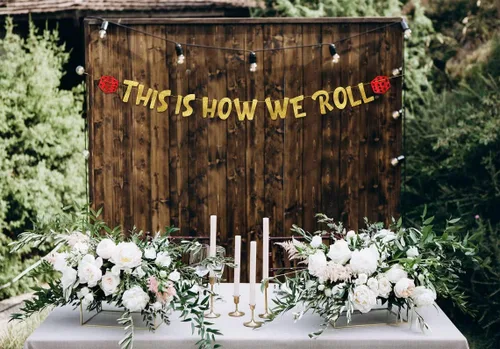 Miniatura 6 de Cartel con purpurina con temática de casino con texto en inglés «This Is How We Roll», decoraciones de despedida de soltera para ella, suministros
