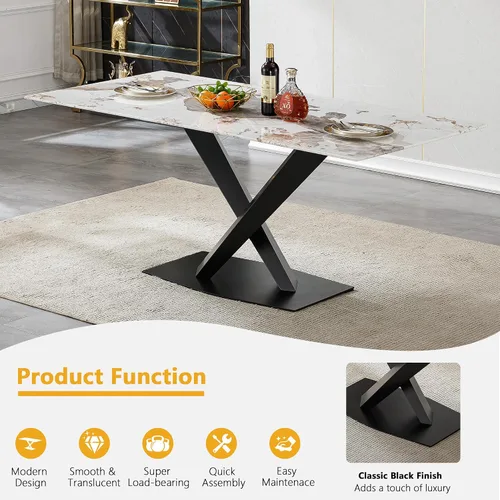 Miniatura 4 de Juego de mesa de comedor de mármol blanco de lujo para 6, 70 pulgadas, mesa de comedor de mármol blanco con 6 sillas de terciopelo verde y base