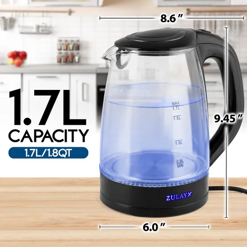 Miniatura 4 de Zulay - Hervidor eléctrico de vidrio de 1,7 L con luz LED azul, hervidor de agua caliente de vidrio de borosilicato, caldera de agua eléctrica