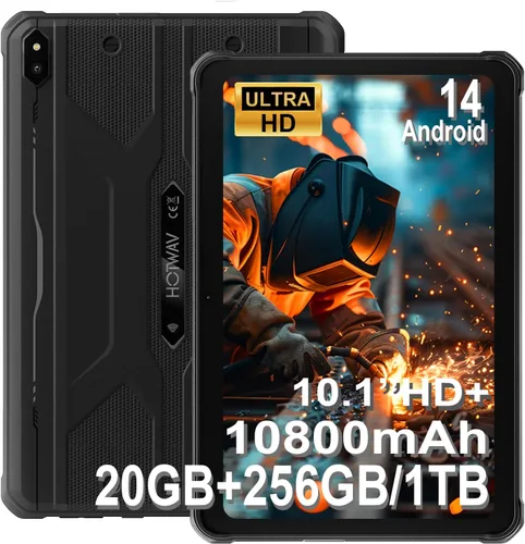 HOTWAV R10 Pro - Tablet resistente de 20 GB + 256 GB/TF 1 TB Android 14, tabletas impermeables HD+ de 10.1 pulgadas, batería de 10800 mAh, cámara de