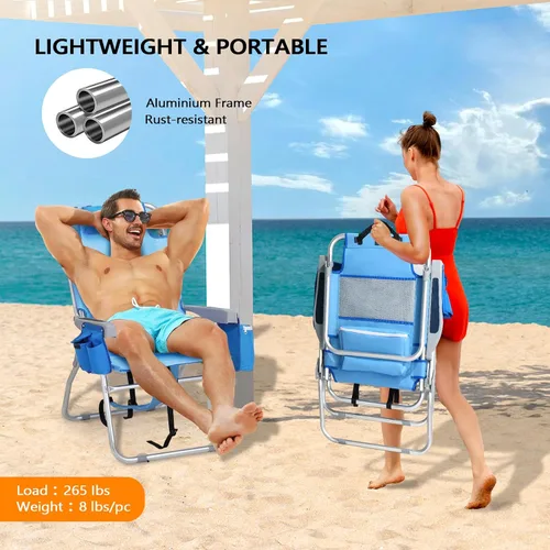Miniatura 6 de VINGLI Silla de Playa Alta Paquete de 2 Ligera, Silla de Playa Tipo Mochila para Adultos con 5 Posiciones, Bolsa Refrigeradora, Portavasos, Barra