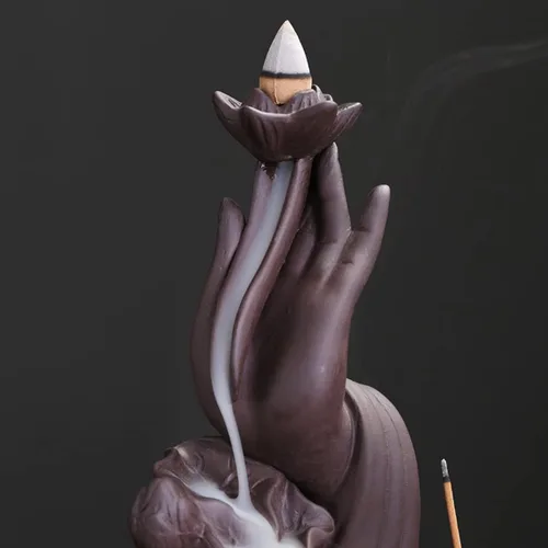 Miniatura 3 de Quemador de incienso de mano de Buda de cerámica para interiores, soporte de incienso de cascada de humo creativo Lotus para aromaterapia, adorno