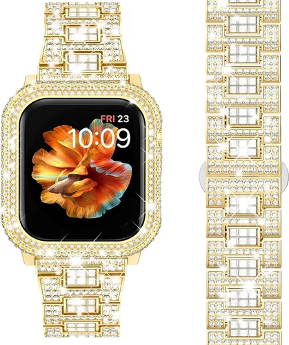 Miniatura 8 de Mosonio Compatible con correas brillantes para Apple Watch de 40/44/41/45/42/1.811 in con caja de metal brillante, bandas de diamantes de lujo
