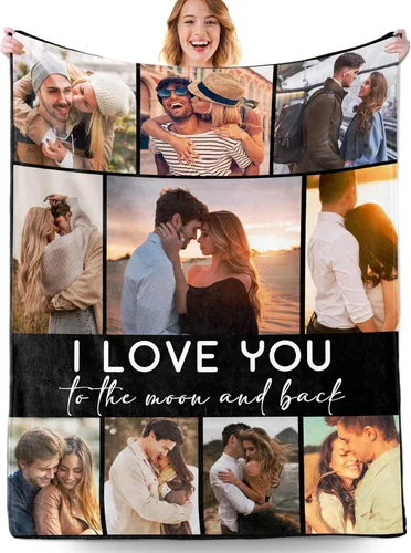 Miniatura 13 de Manta personalizada con fotos, manta personalizada con fotos con texto en inglés "I Love You", regalo de cumpleaños para novia, novio, esposa