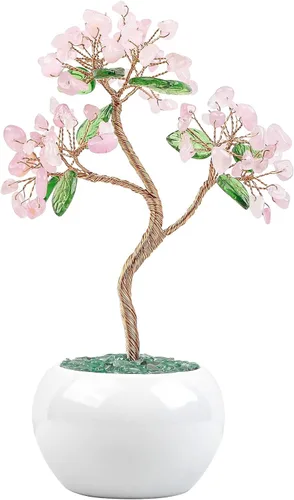 Miniatura 12 de Rockcloud Árbol de dinero de cristal curativo de aguamarina de 6.5 pulgadas, bonsái Fengshui con base de cerámica para buena suerte, riqueza