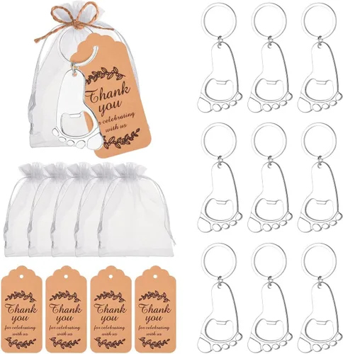 Llavero con forma de huella de bebé, 10 unidades, con bolsas de organza y etiquetas de agradecimiento, recuerdo de fiesta de baby shower, recuerdo