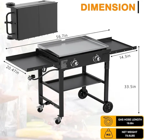Miniatura 7 de Parrilla plegable de 2 quemadores de gas, parrilla de propano desmontable de acero inoxidable de 28 pulgadas, parrilla de barbacoa plana de 30,000