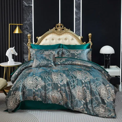 Miniatura 8 de Juego de edredón Queen de jacquard verde, juego de sábanas, elegante juego de ropa de cama de 8 piezas bordado, diseño floral neoclásico, decoración