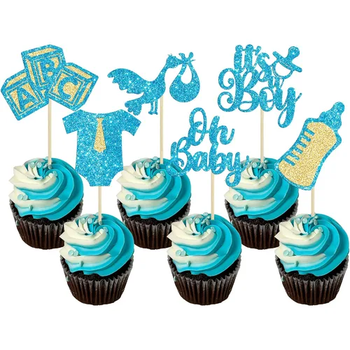 Miniatura 13 de Gyufise 24 piezas de adornos azules para cupcakes para bebé, con purpurina azul, estrellas, luna, dulce baby shower, niño, cupcakes para baby