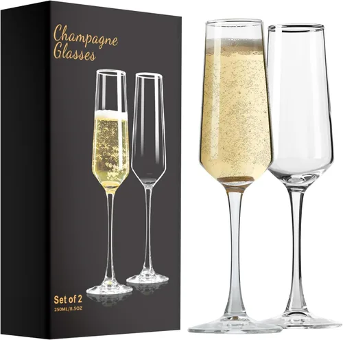 PARACITY Copas de champán, juego de 2 copas de champán, elegantes copas de champán de vidrio de 8.5 onzas, regalo para cumpleaños, boda, Navidad,