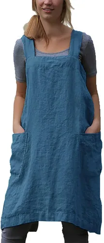 Miniatura 7 de Delantal Pinafore con espalda cruzada con bolsillos, delantal de lino y algodón, talla grande Azul