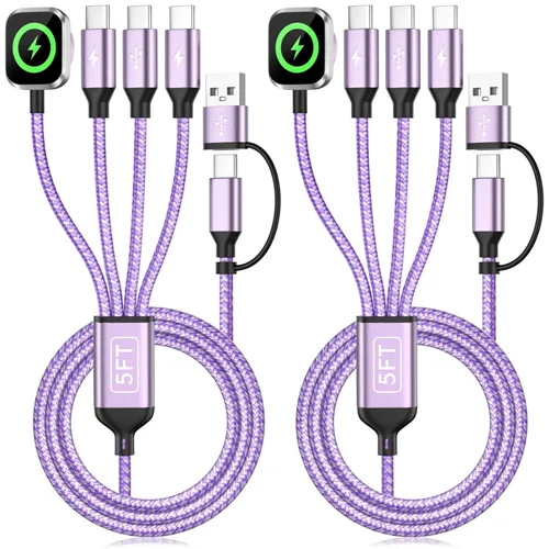 Miniatura 10 de Cable de Carga Múltiple para Cargador de Apple Watch, 4 en 1 Cable Cargador de Teléfono USB A/C con Doble Tipo-C/IP, Cable Magnético iWatch de Nylon