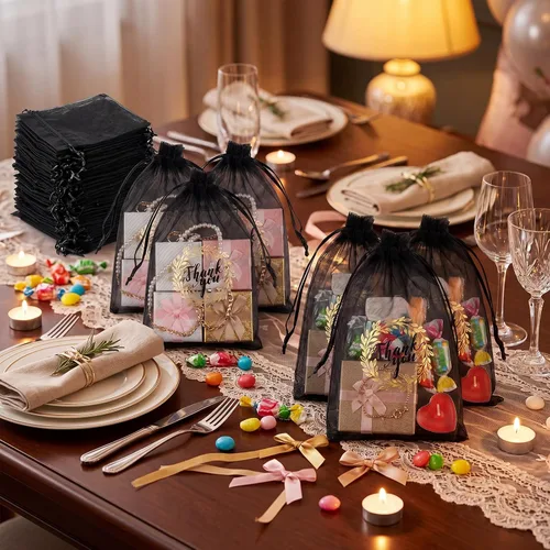Miniatura 6 de Shappy 100 bolsas de regalo de organza transparente de agradecimiento negras a granel de 4 x 6 pulgadas, bolsas con cordón para recuerdos de fiesta