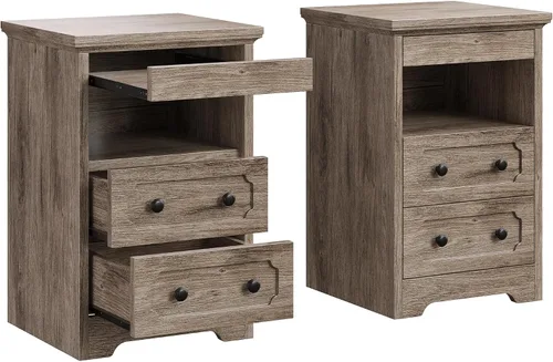 Miniatura 12 de Mesita de noche LIKIMIO, mesa de noche moderna con 2 cajones, estante abierto, mesa auxiliar con bandeja extraíble, mesa auxiliar de madera