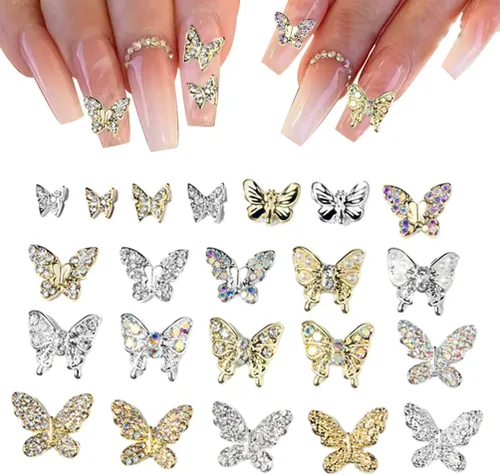 Miniatura 5 de 22 dijes de mariposa 3D para uñas, cristales, diamantes de imitación, aleación de metal, oro y plata, diseño de gemas para mujer, decoración