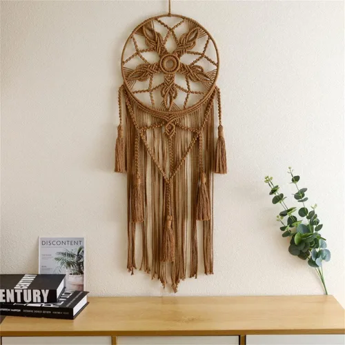 Tapiz de atrapasueños, bohemio, macramé, tejido de algodón, hecho a mano, arte bohemio con borlas, adorno para dormitorio, sala de estar, Marrón