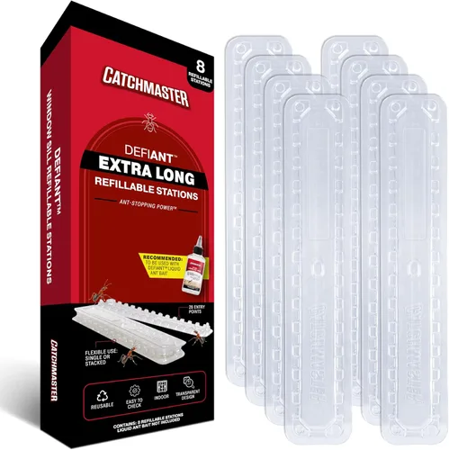 Catchmaster Defiant - Trampas para hormigas reutilizables extra largas para interiores (paquete de 8), cebo no incluido - Estaciones de cebo