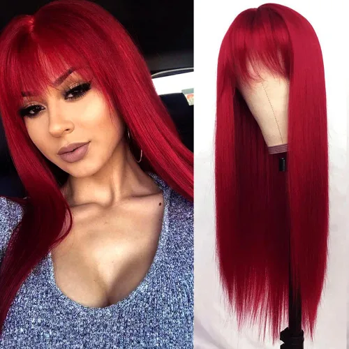 Miniatura 21 de QD-Tizer Pelucas sintéticas de color rubio ceniza con flequillo, pelucas de cabello largo y lacio, sin pegamento, pelucas sintéticas sin encaje