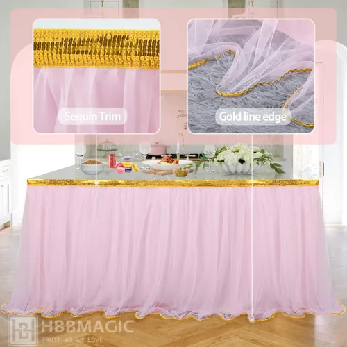 Miniatura 5 de Falda de tul con lentejuelas doradas para mesa de 6, 9 ó 14 pies, para fiestas de novia, bodas, fiestas de cumpleaños, etc., 6 ft, Rosado