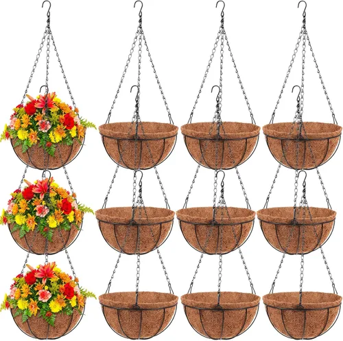 Miniatura 11 de Dandat 1 cesta colgante de metal de 10 pulgadas con forro de fibra de coco, alambre de metal, soporte para plantas, riego al aire libre, macetas