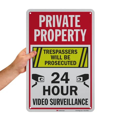 Miniatura 2 de SmartSign Letrero metálico de 18 x 12 pulgadas con texto en inglés "Private Property - Trespassers Will Be Prosecuted", video vigilancia las 24