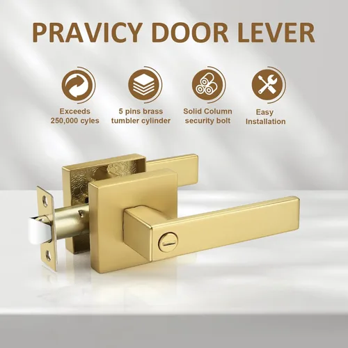 Miniatura 3 de Probrico - Paquete de 2 manijas de puerta de privacidad doradas, pomos de puerta de latón satinado resistentes para dormitorio y baño, cerraduras