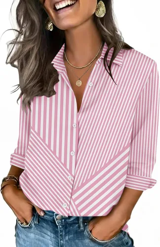 Miniatura 19 de Zeagoo Camisas con botones para mujer, manga 3/4, cuello en V, blusas con cuello en V, trajes casuales de negocios